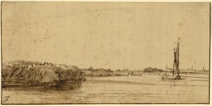 Plachetnice na široké vodní ploše, cca 1650 (pero a hnědý inkoust a hnědá barva, na tónovaném papíře) od Rembrandt van Rijn