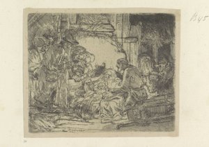 Aanbidding der pastevců: met de olielamp Kolekce osmdesáti pěti původních tisků (název série) od Rembrandt van Rijn
