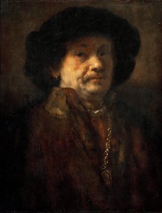 Autoportrét v kožichu se zlatým řetízkem a náušnicí od Rembrandta van Rhijna (1606-1669). olej na dřevo od Rembrandt van Rijn