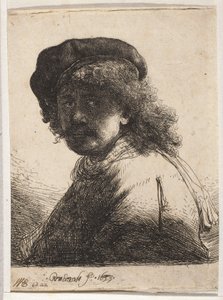 Autoportrét v baretu a šále od Rembrandt van Rijn