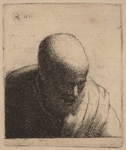 Plešatý muž s otevřenými ústy, hledící dolů od Rembrandt van Rijn