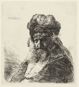 Vousatý stařík s vysokou kožešinovou čepicí a zavřenýma očima od Rembrandt van Rijn