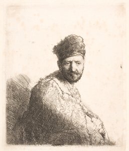 Vousatý muž (Rembrandtův otec) v kožešinové orientální čepici a plášti: polopostava od Rembrandt van Rijn