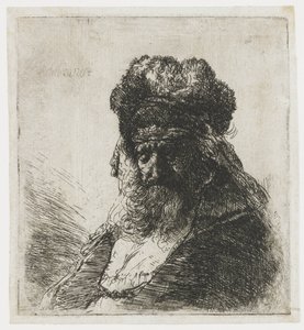 Vousatý stařík ve vysoké kožešinové čepici se zavřenýma očima od Rembrandt van Rijn
