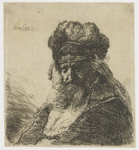 Vousatý stařík ve vysoké kožešinové čepici se zavřenýma očima od Rembrandt van Rijn