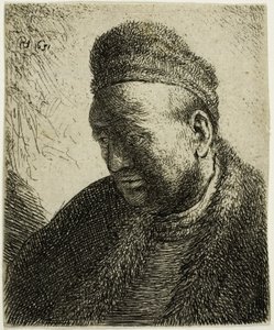 Bezvousý muž v kožešinovém plášti a čepici: Poprsí od Rembrandt van Rijn