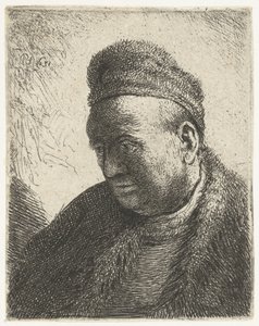 Bezvousý muž v kožešinovém plášti a čepici: poprsí od Rembrandt van Rijn