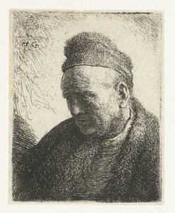 Bezvousý muž v kožešinovém plášti a čepici: poprsí od Rembrandt van Rijn