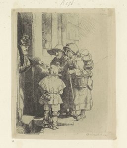 Žebrající rodina dostává almužnu u dveří domu Recueil de quatre-vingt-cinq estampes originales (název série) od Rembrandt van Rijn