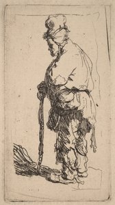 Žebrák opírající se o hůl, pohledem doleva od Rembrandt van Rijn