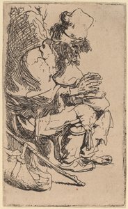 Žebrák seděl a ohříval si ruce u třecí misky od Rembrandt van Rijn