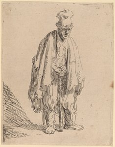 Žebrák ve vysoké čepici, stojící a opírající se o hůl od Rembrandt van Rijn