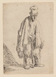 Žebrák ve vysoké čepici, stojící a opírající se o hůl od Rembrandt van Rijn
