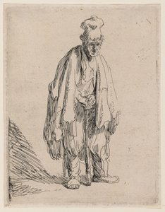 Žebrák v čepici s vysokým kšiltem, stojící a opírající se o hůl od Rembrandt van Rijn