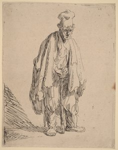 Žebrák v čepici s vysokým kšiltem, stojící a opírající se o hůl od Rembrandt van Rijn