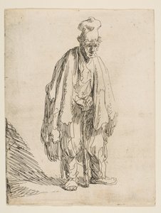 Žebrák ve vysoké čepici, stojící a opírající se o hůl, ca. 1629. od Rembrandt van Rijn