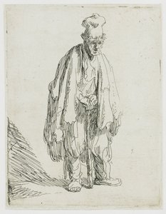 Žebrák s vysokou čepicí, stojící a opírající se o hůl od Rembrandt van Rijn