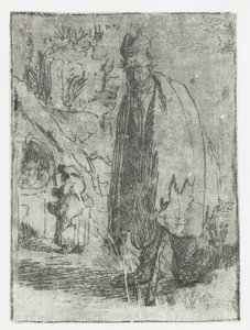 Žebrák s chaloupkou a dvěma postavami v pozadí od Rembrandt van Rijn