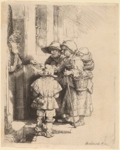 Žebráci přijímající almužnu u dveří domu od Rembrandt van Rijn