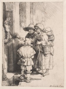 Žebráci přijímající almužnu u dveří domu od Rembrandt van Rijn