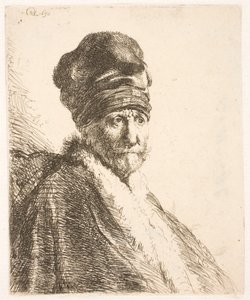 Poprsí muže (Rembrandtova otce) s vysokou čepicí, pohled ze tří čtvrtin od Rembrandt van Rijn