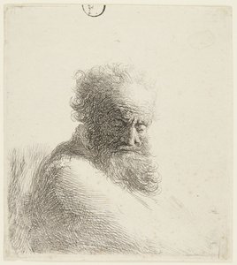 Busta starého muže, hledícího dolů, v tříčtvrtečním pohledu zprava od Rembrandt van Rijn
