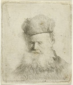 Busta starého muže s kožešinovou čepicí a vlajícími vousy, téměř celý obličej od Rembrandt van Rijn