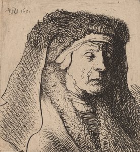 Busta staré ženy v chlupatém plášti a těžkou čelenkou, 1631. od Rembrandt van Rijn