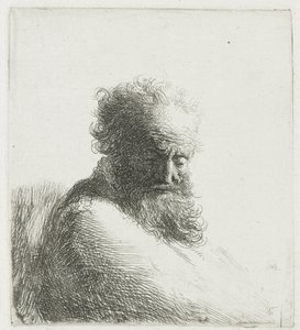 Busta starého vousatého muže, který se dívá dolů, ze tří čtvrtin doprava od Rembrandt van Rijn