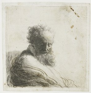 Busta starého vousatého muže, který se dívá dolů, ze tří čtvrtin doprava od Rembrandt van Rijn