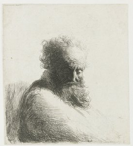 Busta starého vousatého muže, který se dívá dolů, ze tří čtvrtin doprava od Rembrandt van Rijn