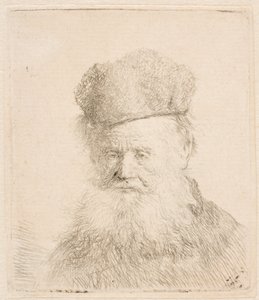 Busta starého muže s kožešinovou čepicí a splývavým vousem: téměř zepředu: pohled upřený přímo před sebe od Rembrandt van Rijn