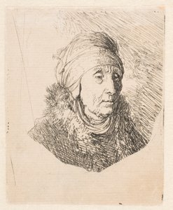 Busta staré ženy s vysokým čelenkem, který je uvázán pod bradou od Rembrandt van Rijn