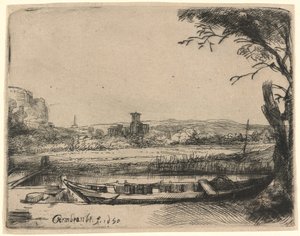 Kanál s velkou lodí a mostem od Rembrandt van Rijn
