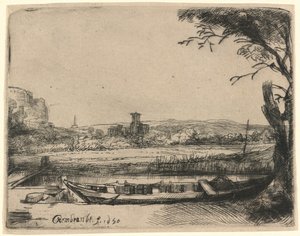Kanál s velkou lodí a mostem od Rembrandt van Rijn
