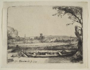 Kanál s velkou lodí a mostem, 1650. od Rembrandt van Rijn