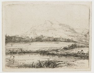 Kanál s rybářem a dvěma labutěmi Kanál s rybářem a dvěma labutěmi od Rembrandt van Rijn