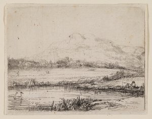 Kanál s rybářem a dvěma labutěmi od Rembrandt van Rijn