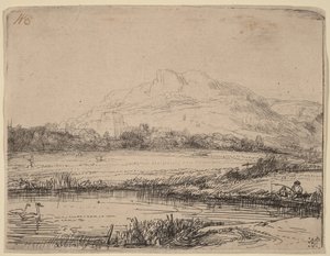 Kanál s rybářem a dvěma labutěmi od Rembrandt van Rijn
