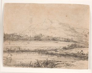 Kanál s rybářem a dvěma labutěmi od Rembrandt van Rijn