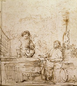 Kristus a samařská žena (pero a hnědá tuš na papíře) od Rembrandt van Rijn