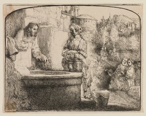 Kristus a žena Samaří: Obloukový tisk od Rembrandt van Rijn