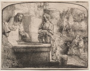 Kristus a žena Samaří: Obloukový tisk od Rembrandt van Rijn