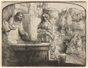 Kristus a žena Samaří: Obloukový tisk od Rembrandt van Rijn