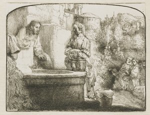 Kristus a žena Samaří: klenutý tisk od Rembrandt van Rijn