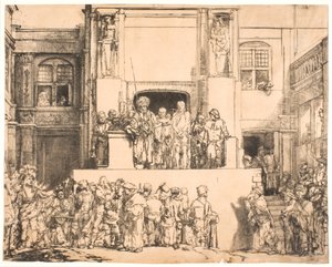 Kristus představil lidu: velký podlouhlý talíř od Rembrandt van Rijn
