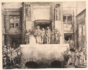 Kristus představil lidu: velký podlouhlý talíř od Rembrandt van Rijn