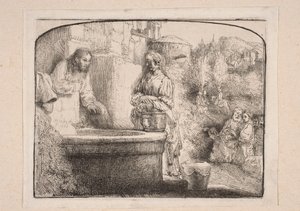 Kristus a Samaritánka (kompozice nahoře uzavřená obloukem) od Rembrandt van Rijn