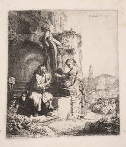 Kristus a Samaritánka mezi troskami (vertikální kresba) od Rembrandt van Rijn