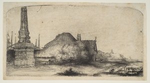 Chata a hraniční sloup na Spaarndammerdijk LObelisque, ca. 1650. od Rembrandt van Rijn